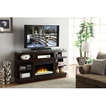 65 Inch Media Console with Glass Top and Electric Fireplace